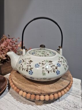 Pier 1 Hand Painted Porcelain Teapot with Blue & Brown Floral Motif